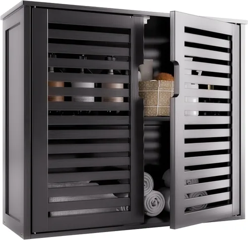 HITNET Gabinete de almacenamiento de baño negro, gabinete de medicina colgante con estante ajustable, organizador de ahorro de espacio de bambú
