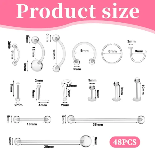 Miniatura 2 de TIESOME 48 retenedores de piercing transparentes, 15 estilos de aretes transparentes para deportes de trabajo, cirugía de acrílico con parte