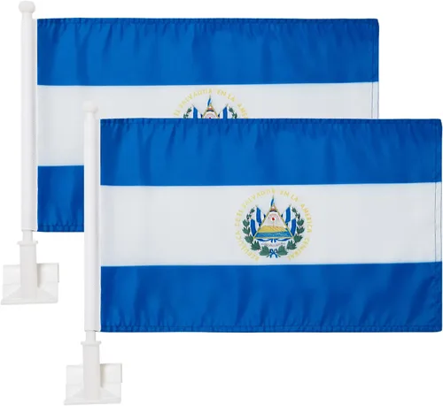 Paquete de 2 banderas de automóvil, bandera de El salvador para exteriores con bandera y poste de El Salvador, el clip para ventana con logotipo de