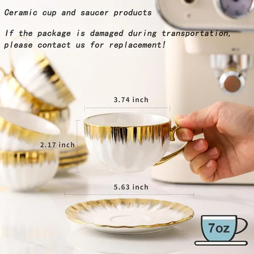 Miniatura 6 de LETAOTAO Juego de 4 tazas y platillos de expreso, tazas de café apilables de cerámica de 3 onzas con borde dorado, mini tazas Demitasse, juego