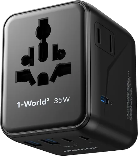 MOMAX Adaptador de viaje universal 7 en 1, adaptador de enchufe de viaje europeo todo en uno con 3 USB-C PD y 2 USB-A QC y 2AC, adaptador de Negro