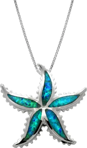 Honolulu Jewelry Company Colgante de plata de ley con estrella de mar con ópalo azul simulado y cadena de caja de 18 pulgadas, Metal, Ópalo