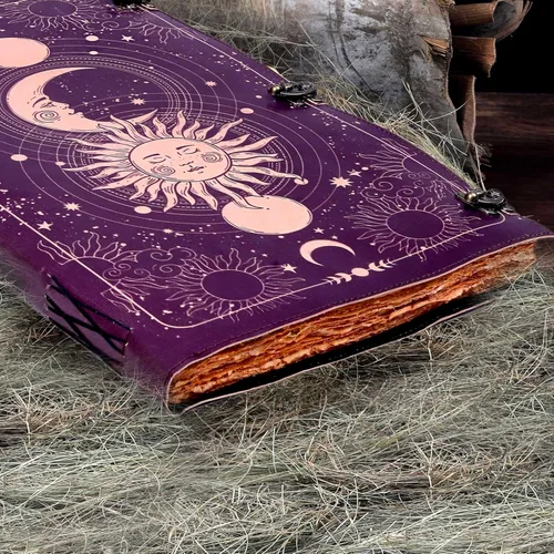 Miniatura 5 de Diario Impreso Sun & Moon, Diario Rayado Antiguo Hecho a Mano con Borde Barbado, Cuaderno de Cuero, Cuaderno de Bocetos de Cuero, Diario