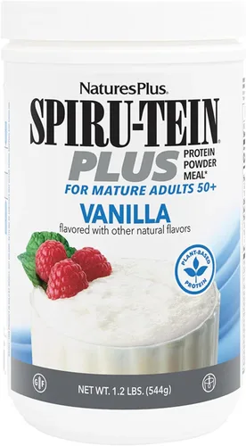 NaturesPlus SPIRU-TEIN Plus, Vainilla, 1.20 libras, proteína en polvo a base de plantas con D3, biotina para adultos mayores de 50 años, vitaminas y
