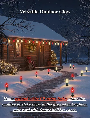 Miniatura 8 de Luces de Navidad C9 rojas y blancas de 25 pies, cadena de luces de Navidad C9 impermeables con 26 bombillas rojas y blancas, luces de Navidad Luz