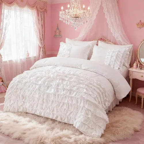 Miniatura 18 de Holawakaka Juego de edredón con volantes en cascada de color azul claro, juego de ropa de cama con volantes estilo shabby chic para niñas, mujeres