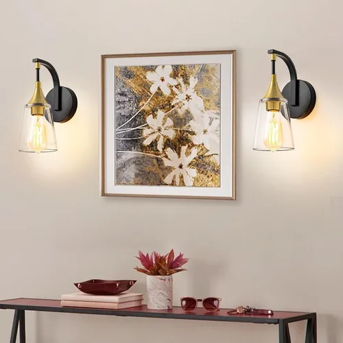 Miniatura 7 de Lámpara de pared de baño de 1 luz, lámpara de pared negra y dorada con pantalla de vidrio transparente, lámpara de pared moderna para interiores