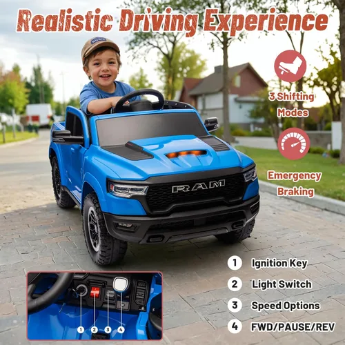 Miniatura 7 de Juguetes de paseo con licencia Ram 1500 para niños de 4 a 8 años, automóvil eléctrico montable para niños con control remoto, con batería y llave