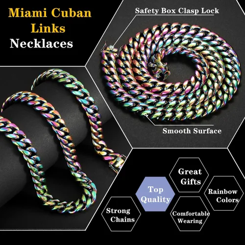 Miniatura 2 de Rowin&Co Mens Chunky Miami Cuban Link Chain - Rainbow Multicolor Stainless Steel Curb Necklace, Nickel-free, Colorful Chains, Hip Hop Jewelry Choker