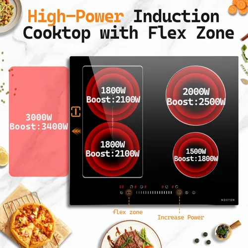 Miniatura 3 de NOXTON Cocina de inducción de 4 quemadores, estufa de inducción de 24 pulgadas con control táctil deslizante, 9 niveles de potencia, función