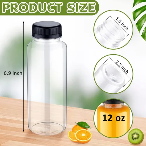 Miniatura 2 de Thenshop 24 botellas de plástico de 12 onzas con tapas, botellas de plástico desechables de PET transparentes con tapas negras a prueba