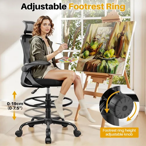 Miniatura 5 de Silla de dibujo, silla de oficina alta para escritorio de pie, respaldo alto ergonómico con reposacabezas, soporte lumbar, anillo para el pie y Negro