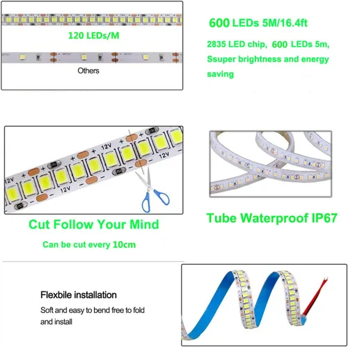 Miniatura 7 de SUYOOULIN Tira de luces LED, 30000LM AC110V/120V 33 pies/32.8 ft SMD 2835 1200 LED tiras de luz tubo impermeable IP67 cinta LED, 2 veces más brillo