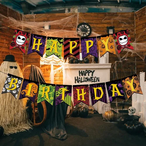 Miniatura 3 de Cartel de cumpleaños de Jack Skellington y decoración de pastel de cumpleaños de Jack Skellington para Halloween, pesadilla de terror, Navidad