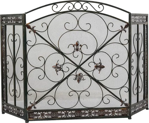 Miniatura 10 de Deco 79 Pantalla de metal para chimenea, plegable, arqueada, 3 paneles con detalles de flor de lis, 52 x 1 x 31 pulgadas, color negro
