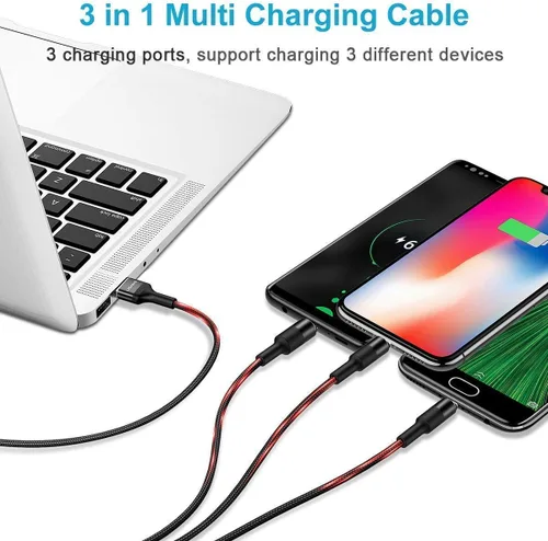 Miniatura 3 de USAMS Paquete de 2 cables de carga múltiple, cable de carga múltiple USB trenzado de nailon 3 en 1 de 5 pies, cable de carga rápida compatible