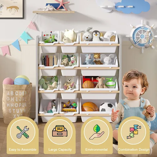 Miniatura 7 de VECELO Estantería para niños con 12 contenedores, estante de madera para juguetes para niños pequeños, almacenamiento de gran capacidad para libros