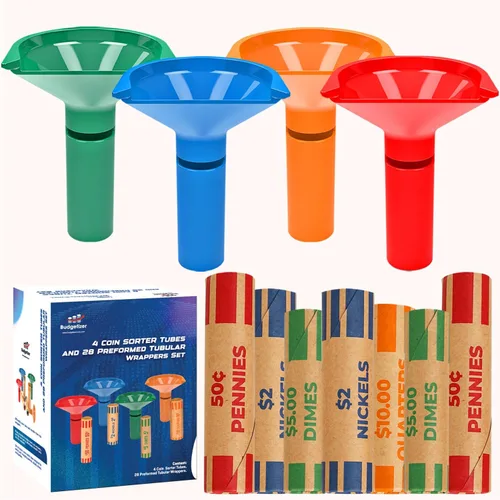 Tubos clasificadores de monedas y juego de 28 envoltorios tubulares preformados – 4 tubos contadores de monedas codificados por colores y