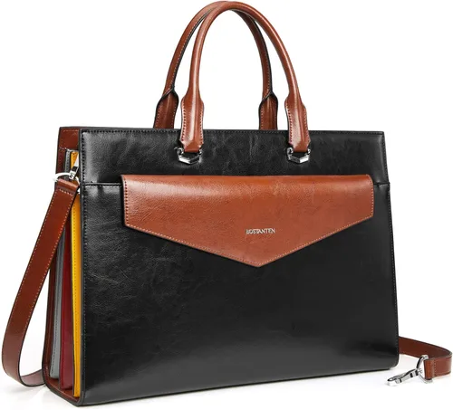Miniatura 11 de BOSTANTEN Maletín para mujer con bolso para laptop de 15.6 pulgadas, bolso de mano de cuero genuino para el trabajo, color beige