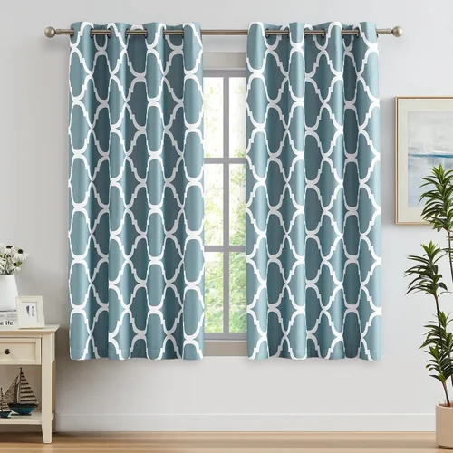 Miniatura 23 de Melodieux - Cortinas opacas estilo marroquí con aislamiento térmico y ojales para oscurecer sala de estar, 2 paneles. Blanco hueso/verde azulado