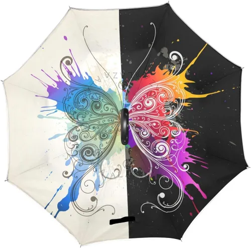 Miniatura 2 de MRMIAN - Paraguas de lluvia con diseño de mariposa y mariposa, resistente al viento, invertido, con mango de gancho c