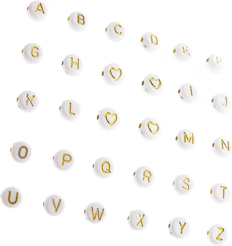 Miniatura 4 de 500 pulseras acrílicas de letras del alfabeto, oro sobre blanco, para hacer joyas (dorado y blanco) (dorado)