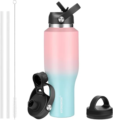 Miniatura 37 de HYDROWION Botella de agua de acero inoxidable, 32 onzas, boca ancha, doble pared, aislada al vacío, con tapa de pajilla, tapa de boquilla y tapa