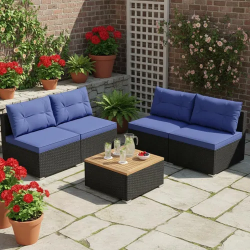 Miniatura 2 de Tangkula Juego de muebles de mimbre para patio, juego de sofá y mesa auxiliar de ratán sin brazos de 4 piezas, con cojines, mesa de madera de Negro