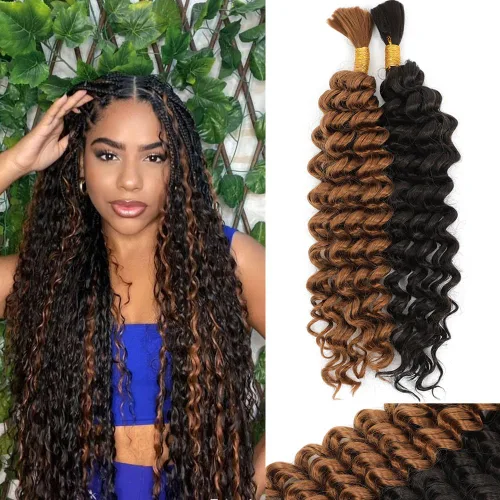 Miniatura 19 de Mezcla de cabello humano trenzado sintético de onda profunda a granel para trenzar, 16 pulgadas, cabello trenzado húmedo y ondulado, 2 piezas