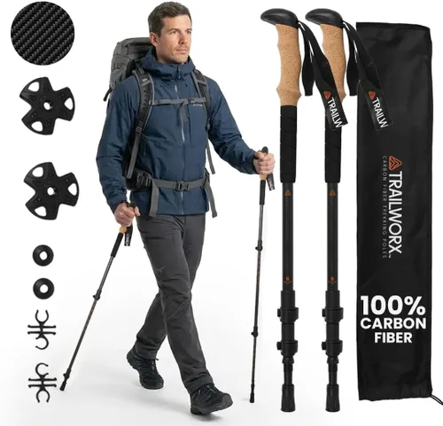 Bastones de senderismo de fibra de carbono 3K, juego de 2 bastones de senderismo plegables y ajustables de 24.5 a 54 pulgadas con agarre de corcho,