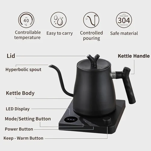 Miniatura 7 de Hervidor Eléctrico de Agua, Hervidor Eléctrico de Cuello de Cisne con Filtro de Café de 50 Piezas, Control de Temperatura ±1℉, Calentamiento Rápido