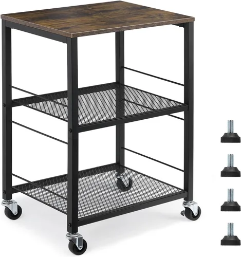 Miniatura 9 de MOOACE Mesa auxiliar rústica de 3 niveles con rueda, mesa de noche con estante de almacenamiento para dormitorio, cocina, sala de estar y oficina