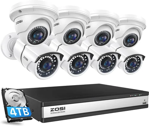 ZOSI Sistema de cámara de seguridad para el hogar PoE de 16 canales 4K, H.265+ 8MP 16 canales CCTV NVR con disco duro de 4 TB para grabación 24-7, 8