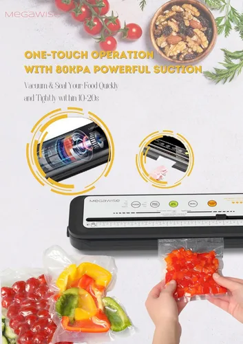 Miniatura 2 de MEGAWISE Máquina selladora al vacío de alimentos con cortador incorporado: succión de 80 kPa, operación de un solo toque, 4 modos de alimentos
