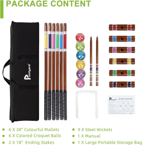 Miniatura 7 de Juego de croquet para seis jugadores, juego de croquet de 71 cm con mazos de madera, bolas de colores, mechas, estacas