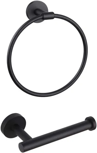 GERZWY Juego de accesorios de baño de 2 piezas, anillo de toalla negro y soporte de papel higiénico SUS 304 de acero inoxidable montado en la pared,