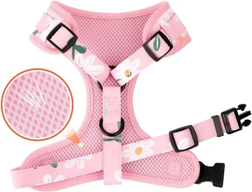 Miniatura 3 de Beirui Collares, arneses y correas para perritas lindas - Juego de collar y correa ajustable para perros con flor - Arnés de malla suave para Rosa