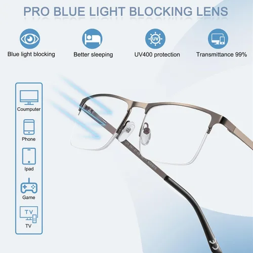Miniatura 5 de EYECEDAR Paquete de 5 lentes de lectura de calidad para hombre, medio marco de metal, bisagras de resorte, bloqueo de luz azul, lentes para 5 Pares