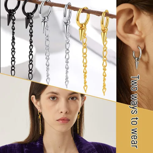 Miniatura 3 de Aretes colgantes de acero inoxidable para hombres y mujeres, chapados en oro de 18 quilates, aretes colgantes con bisagras, aretes de cadena larga