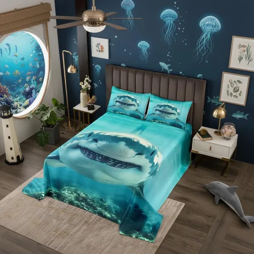 Castle Fairy Shark Kids Bedspread Twin Size,3D Shark Bule Underwater World Coverlet Set,Boys Girls Bedroom Decor,Marine Life Quilted Coverlet,Ocean