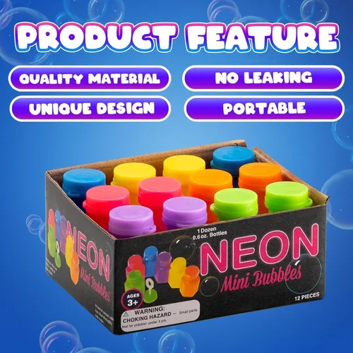 Miniatura 6 de Mini burbujas de neón para fiestas para niños, (paquete de 12) varitas y botellas a granel para soplar burbujas, recuerdos de fiesta de cumpleaños