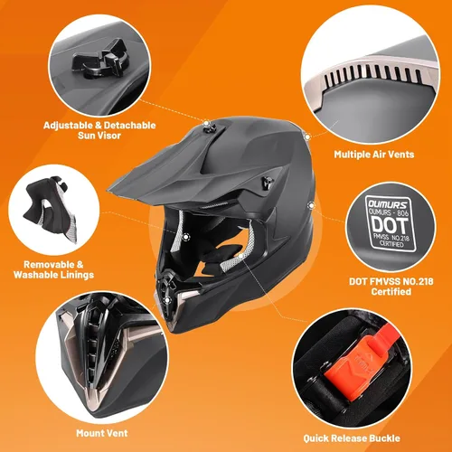 Miniatura 2 de OUMURS Casco de motocross para adultos con gafas, guantes y máscara ajustable, visera solar, casco para adultos, todoterreno, motocross, descenso