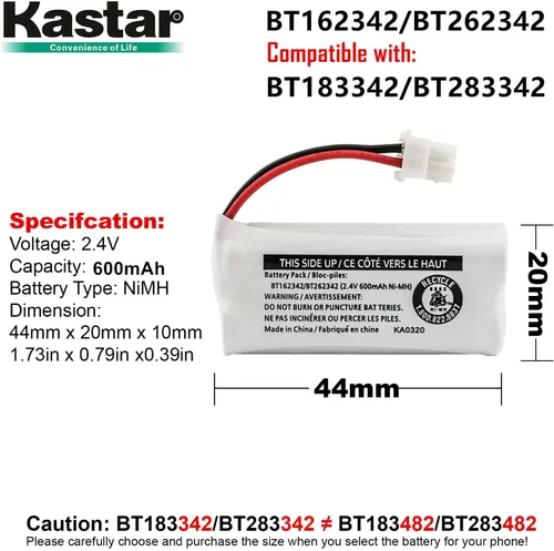 Miniatura 3 de Kastar Paquete de 1 batería de repuesto para Vtech BT162342 BT262342 BT266342 BT183342 BT283342 2SN-AAA40H-S-X2 batería y V-tech SN6107 SN1196