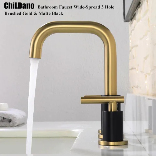 Miniatura 5 de ChiLDano Grifo de baño extendido de 8 pulgadas con desagüe y manguera de suministro, grifo de baño negro y dorado para lavabo de 3 orificios, grifo