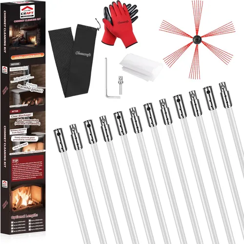 Miniatura 14 de Kit de limpieza de chimenea de 16 pies, kit de limpieza de chimenea con 5 varillas de chimenea flexibles, sistema de limpieza de chimenea giratorio