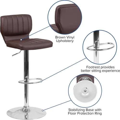 Miniatura 4 de EMMA + OLIVER Brown Vinyl Adjustable Height Vertical Stitch Back Barstool