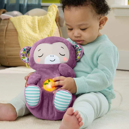 Miniatura 2 de Fisher-Price Juguetes para bebés Soothe ‘n Snuggle Mono púrpura de peluche máquina de sonido portátil con movimiento de respiración y luces