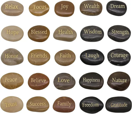 BigOtters 25 piedras inspiradoras - Piedras de aliento con palabras grabadas para meditación, decoración de oficina en casa y cumpleaños, regalos de