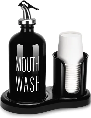 Dispensador de Enjuague Bucal de Vidrio con Portavasos, BYAWAY Juego de Enjuague Bucal para Baño, Contenedor de Botella de Enjuague Bucal Recargable