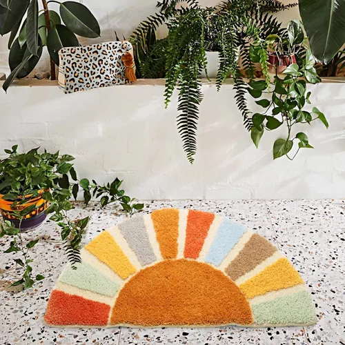 Miniatura 3 de Sunrise - Alfombras de baño bohemias, tapete de baño de medio círculo, lindo tapete de baño de sol, decoración de baño retro bohemio para el hogar